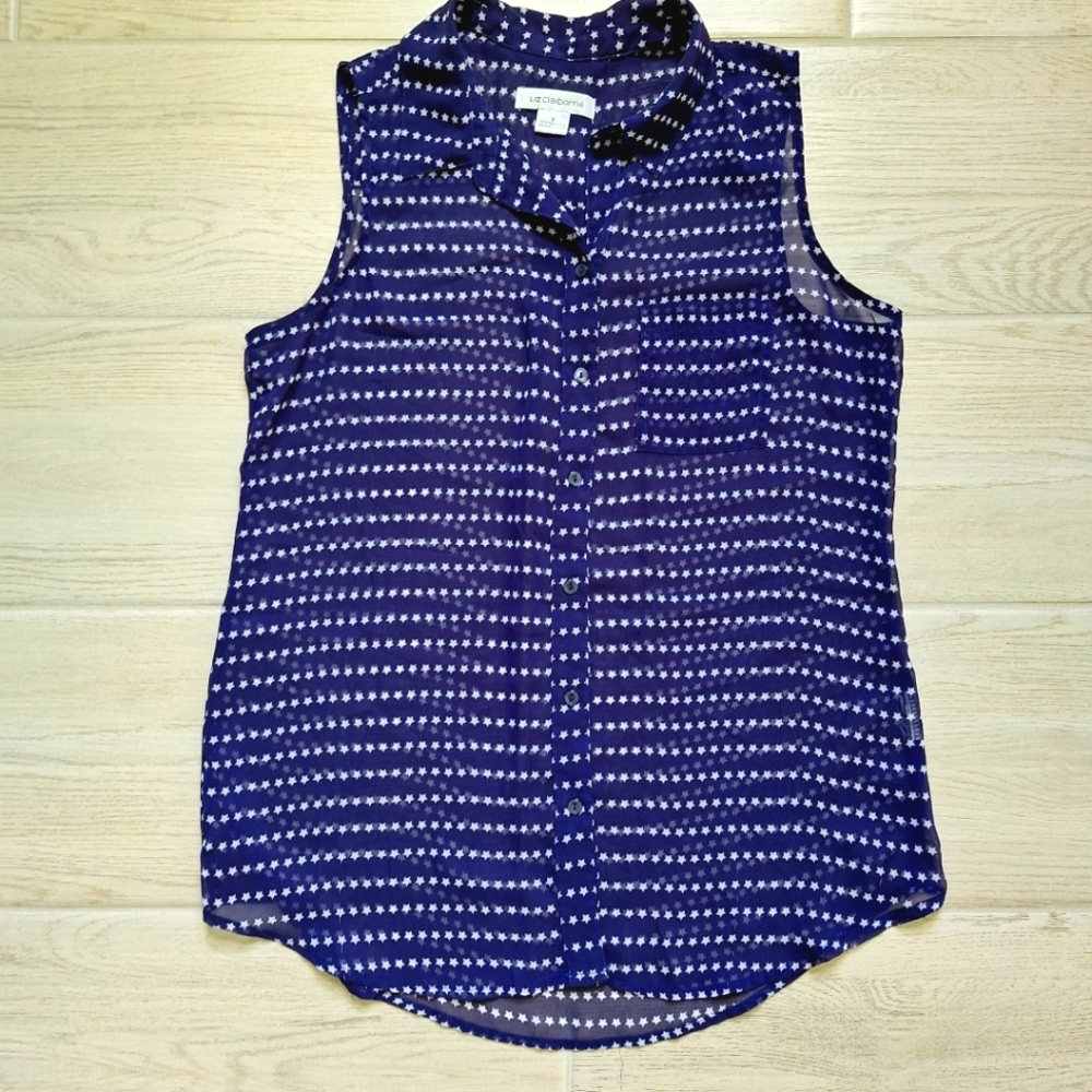 Liz Claiborne sheer sleeveless button front blouse, dark blue, white stars small